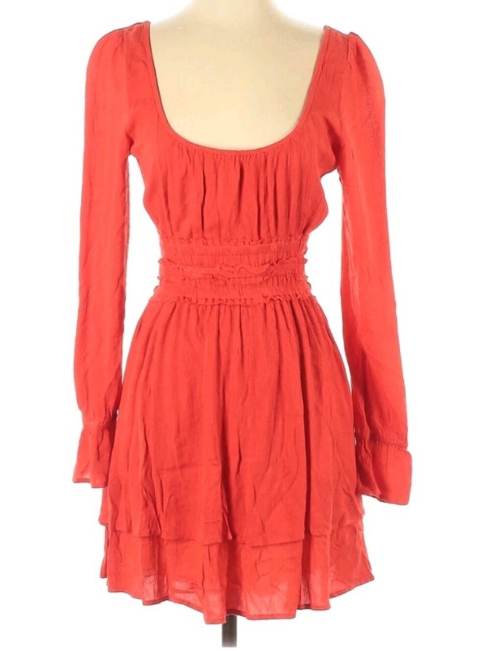 Free People Women’s Red Long-Sleeve Tiered Mini Dress with Open Back‎